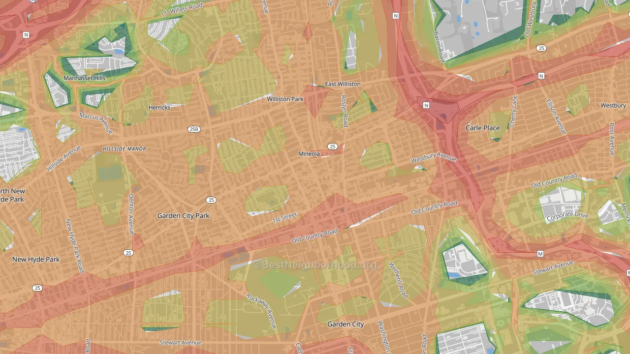 Mineola, NY Map of Noise Levels in Mineola