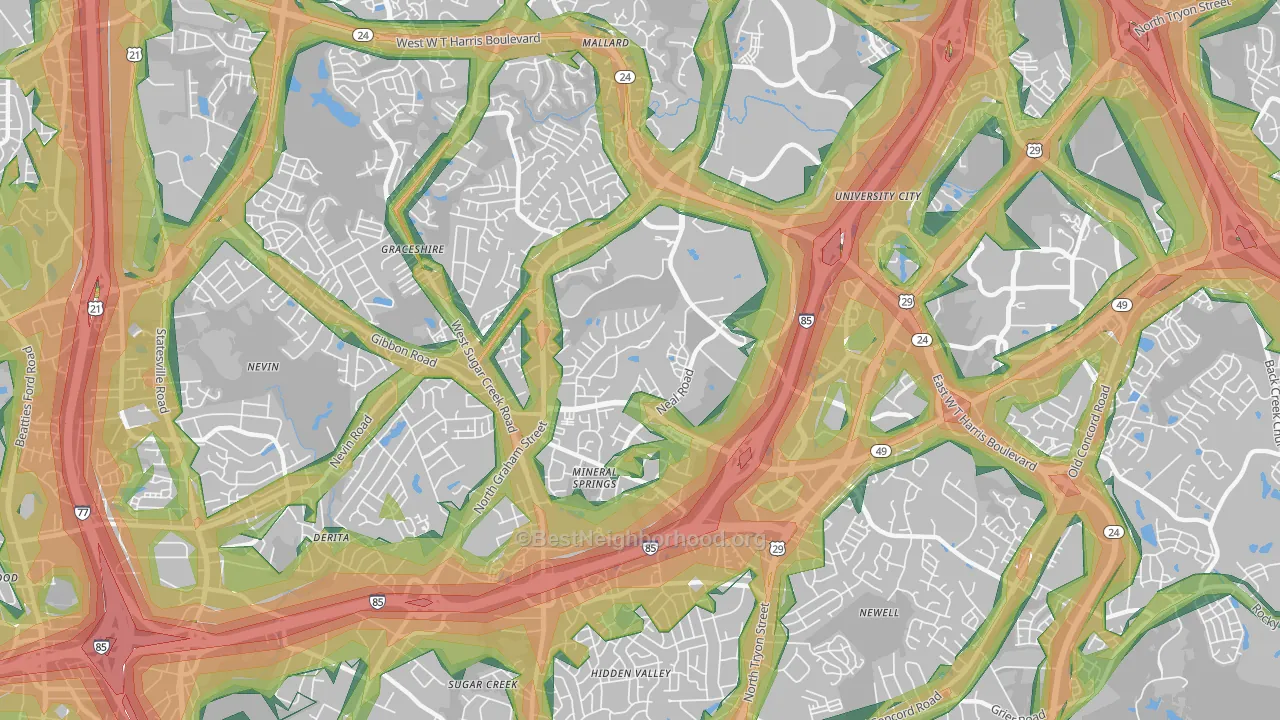 Mineral Springs-Rumble Road, Charlotte, NC Map of Noise Levels in Mineral Springs-Rumble Road