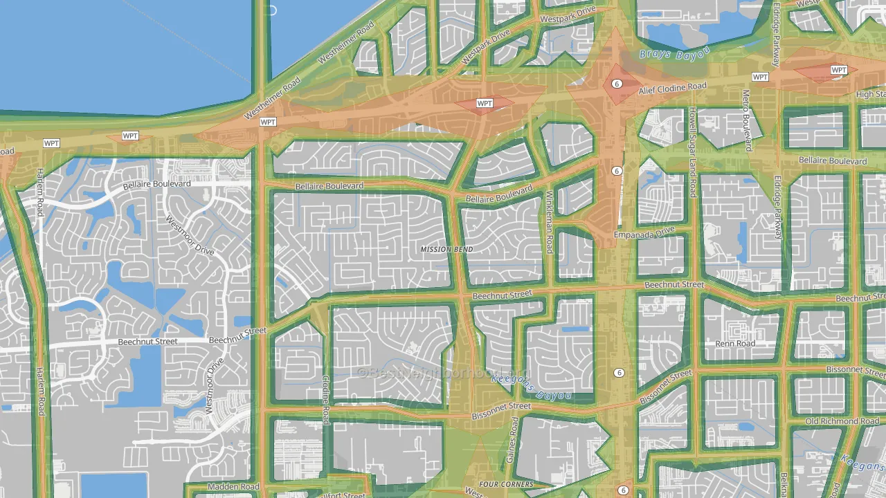 Mission Bend, TX Map of Noise Levels in Mission Bend