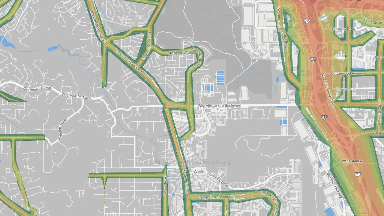 Mission Grove, Riverside, CA Map of Noise Levels in Mission Grove