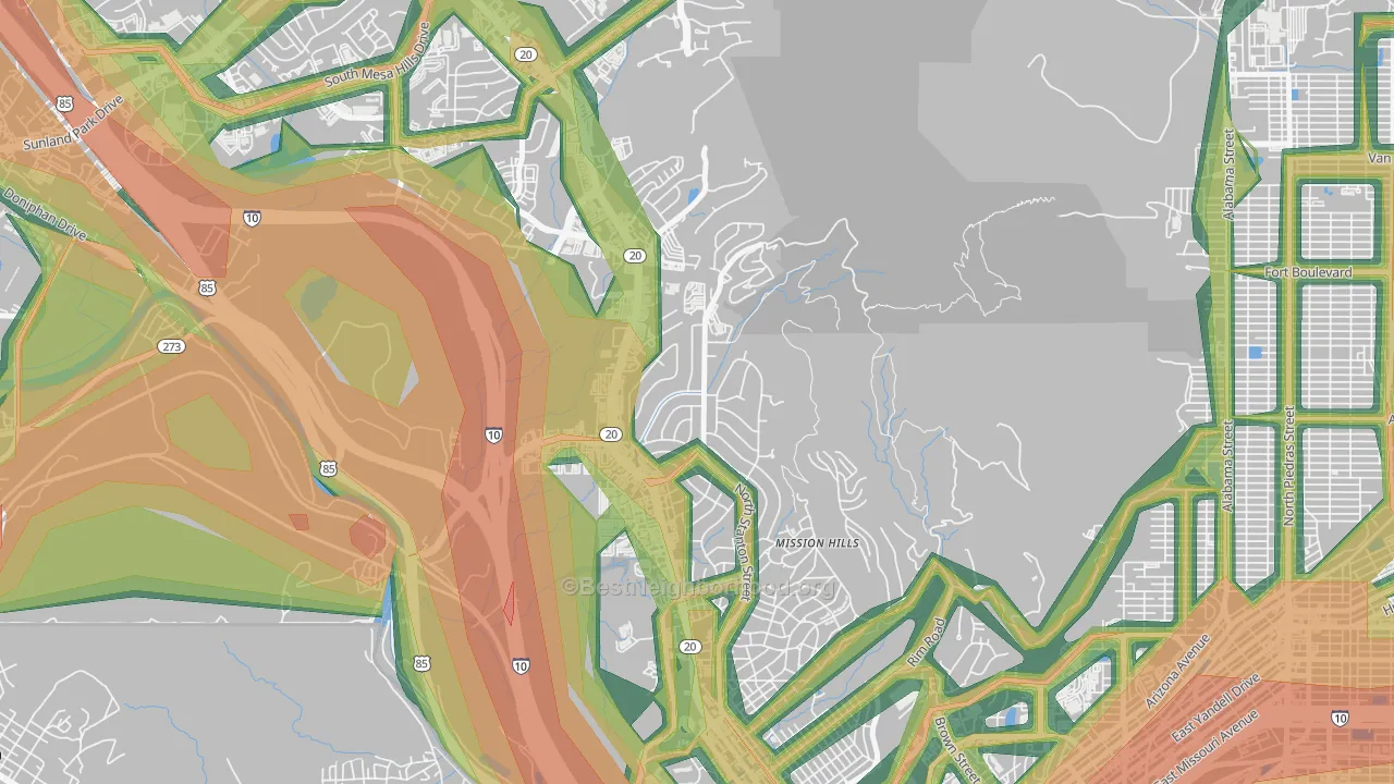 Mission Hills, El Paso, TX Map of Noise Levels in Mission Hills