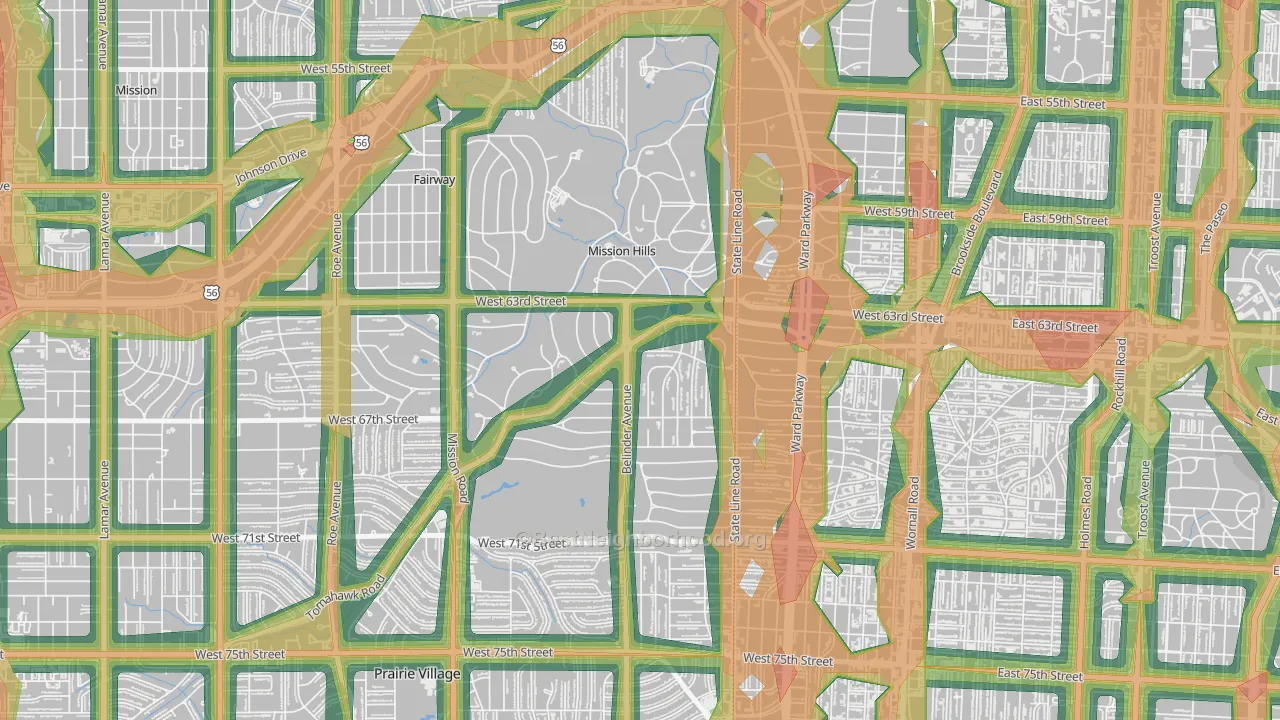 Mission Hills, KS Map of Noise Levels in Mission Hills