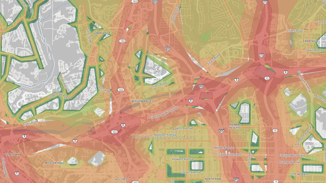 Mission Valley East, San Diego, CA Map of Noise Levels in Mission Valley East