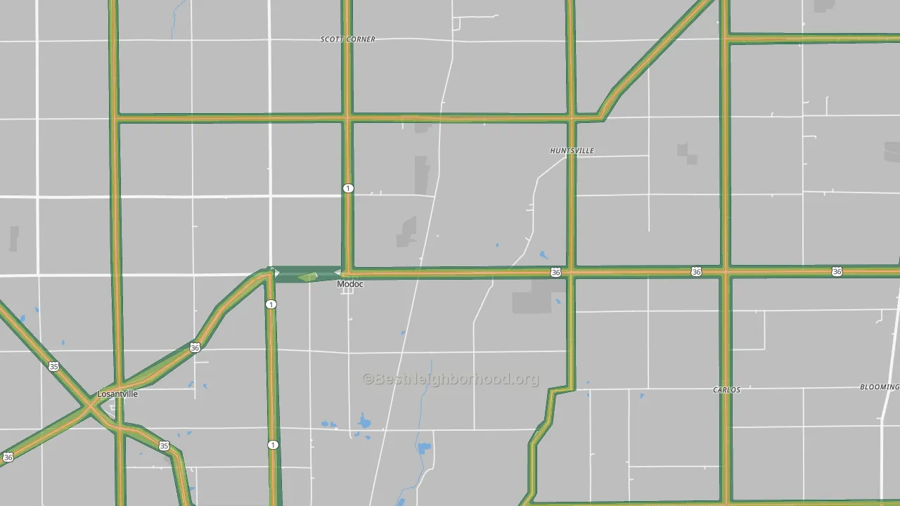 Modoc, IN Map of Noise Levels in Modoc