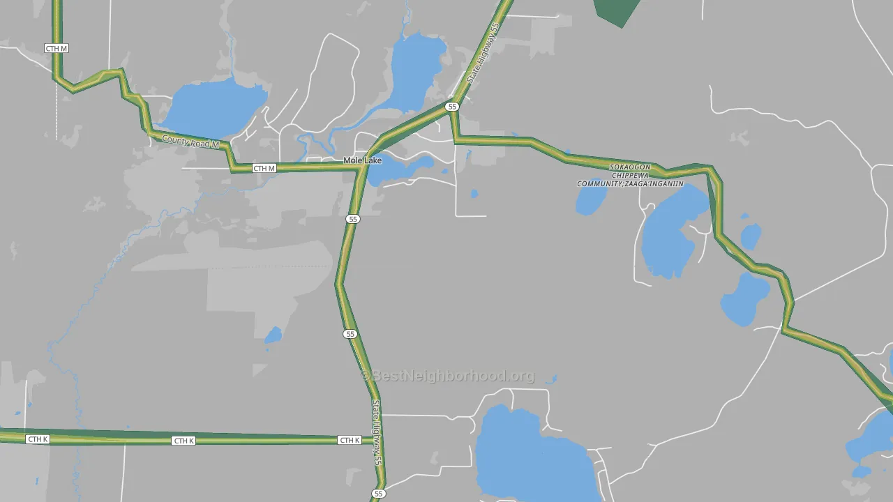 Mole Lake, WI Map of Noise Levels in Mole Lake