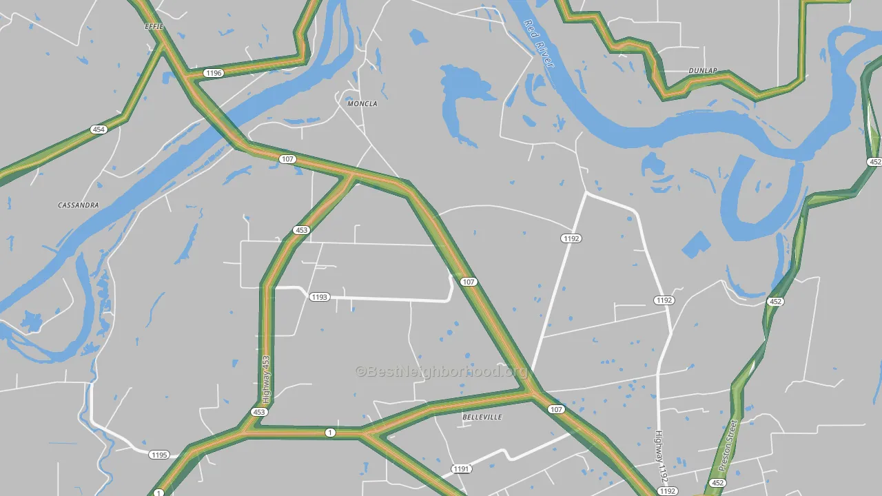 Moncla, LA Map of Noise Levels in Moncla