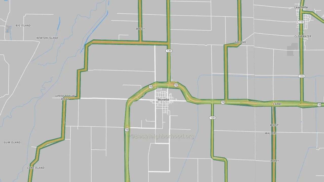 Monette, AR Map of Noise Levels in Monette