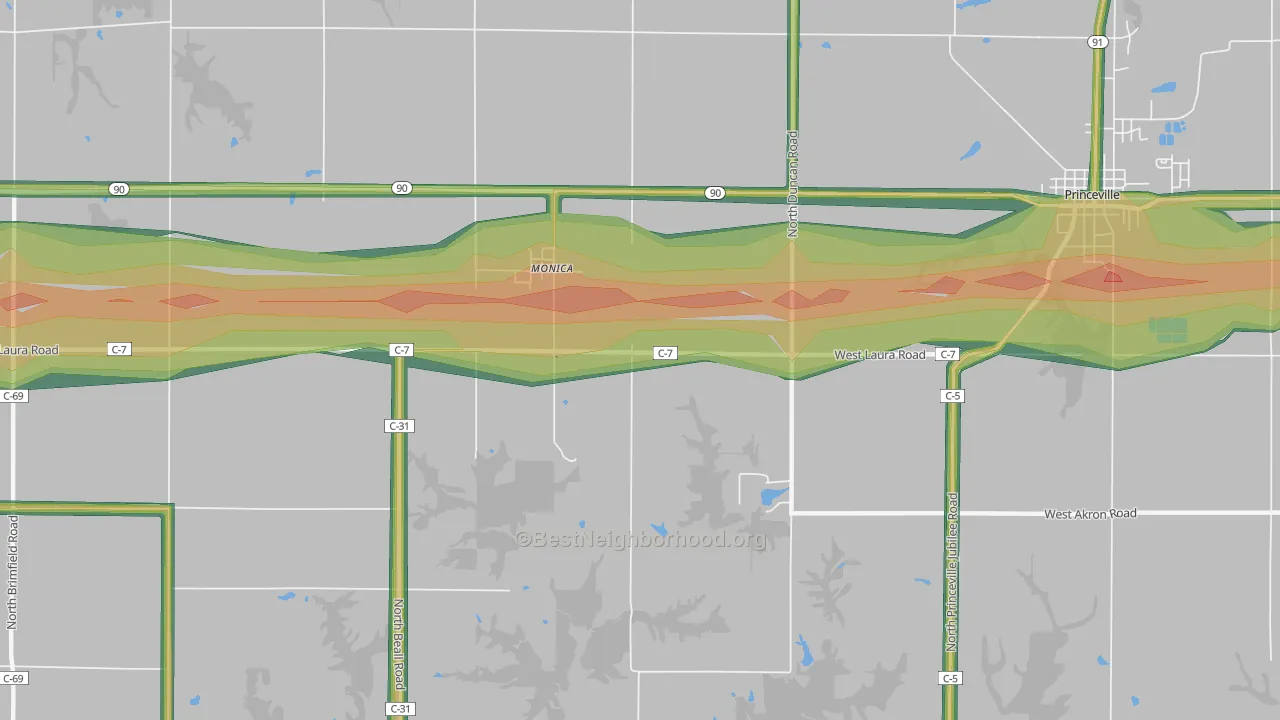 Monica, IL Map of Noise Levels in Monica