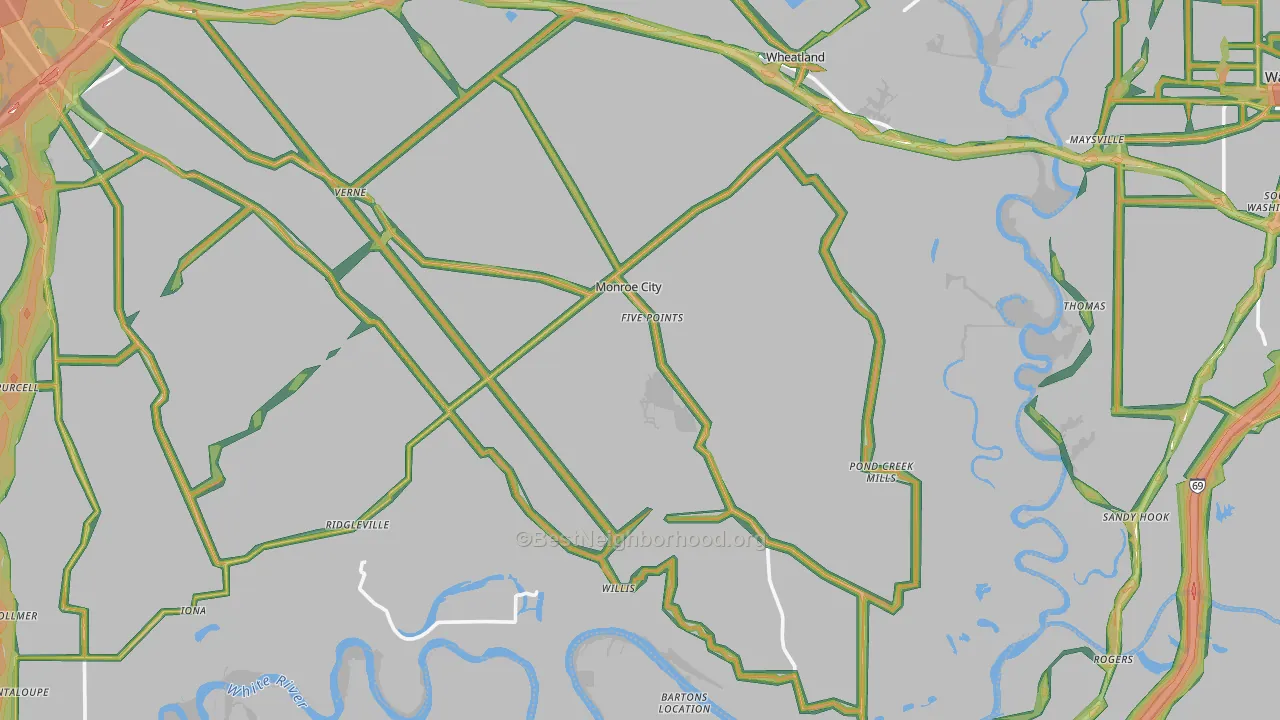 Monroe City, IN Map of Noise Levels in Monroe City