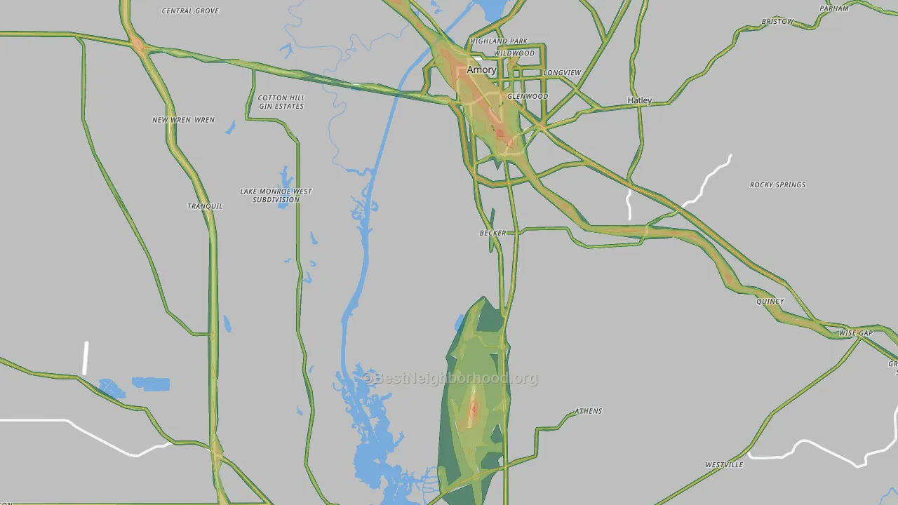 Monroe County, MS Map of Noise Levels in Monroe County