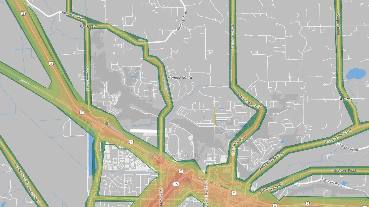 Monroe North, WA Map of Noise Levels in Monroe North