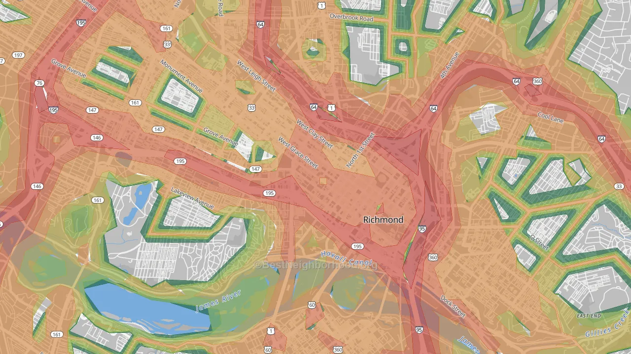 Monroe Ward, Richmond, VA Map of Noise Levels in Monroe Ward