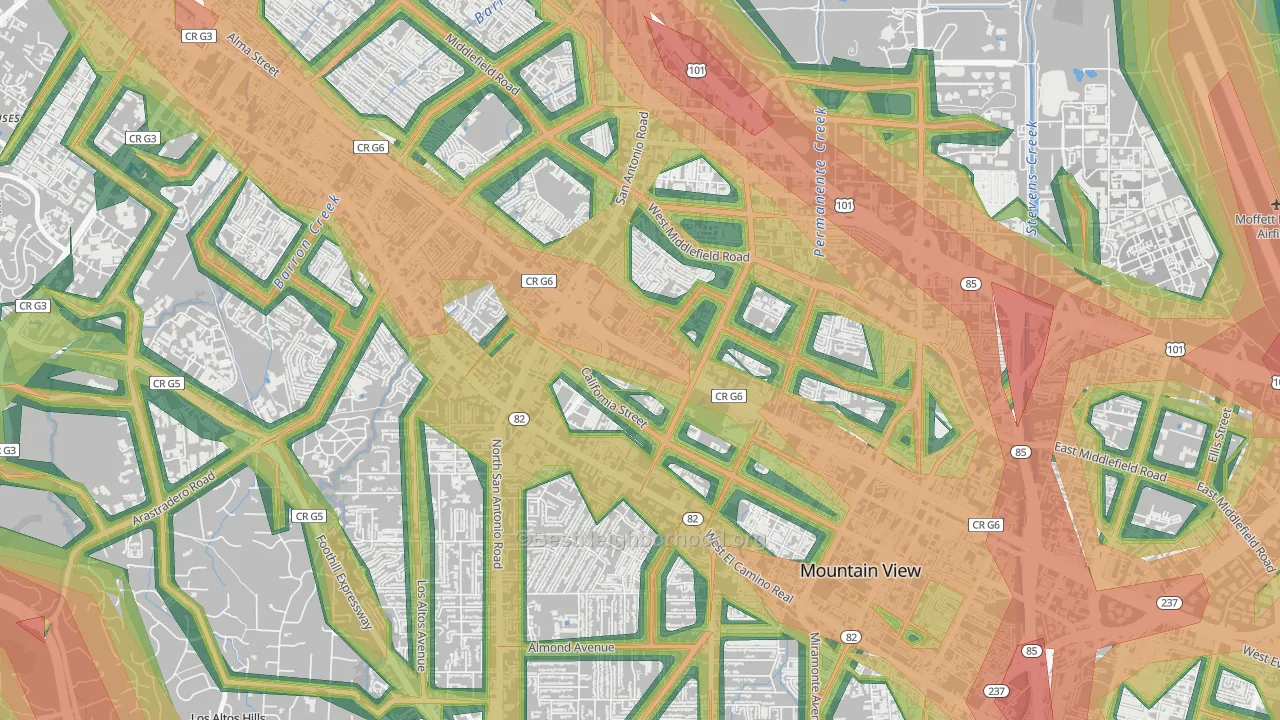 Monta Loma, Mountain View, CA Map of Noise Levels in Monta Loma