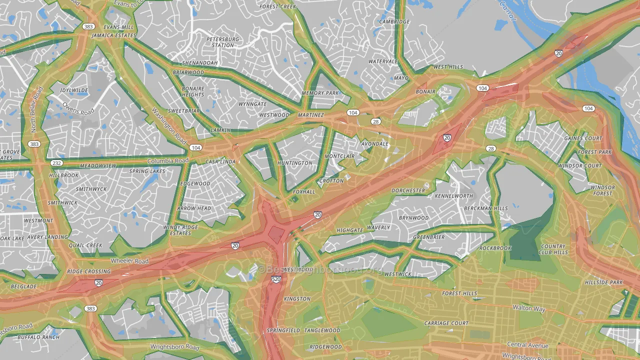 Montclair, Augusta, GA Map of Noise Levels in Montclair