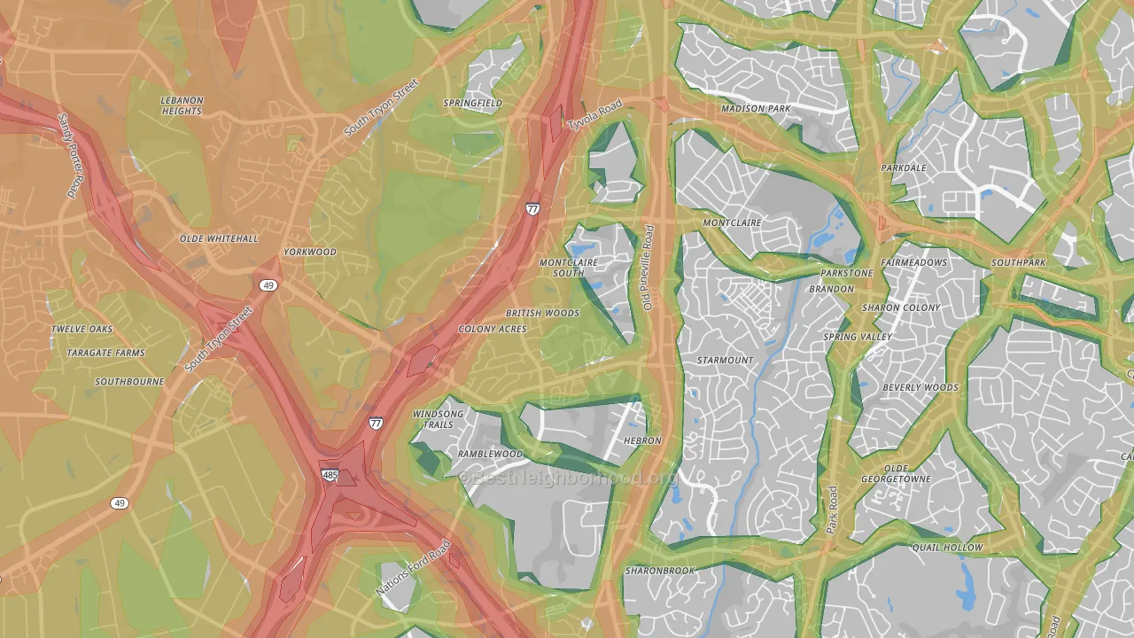 Montclaire South, Charlotte, NC Map of Noise Levels in Montclaire South