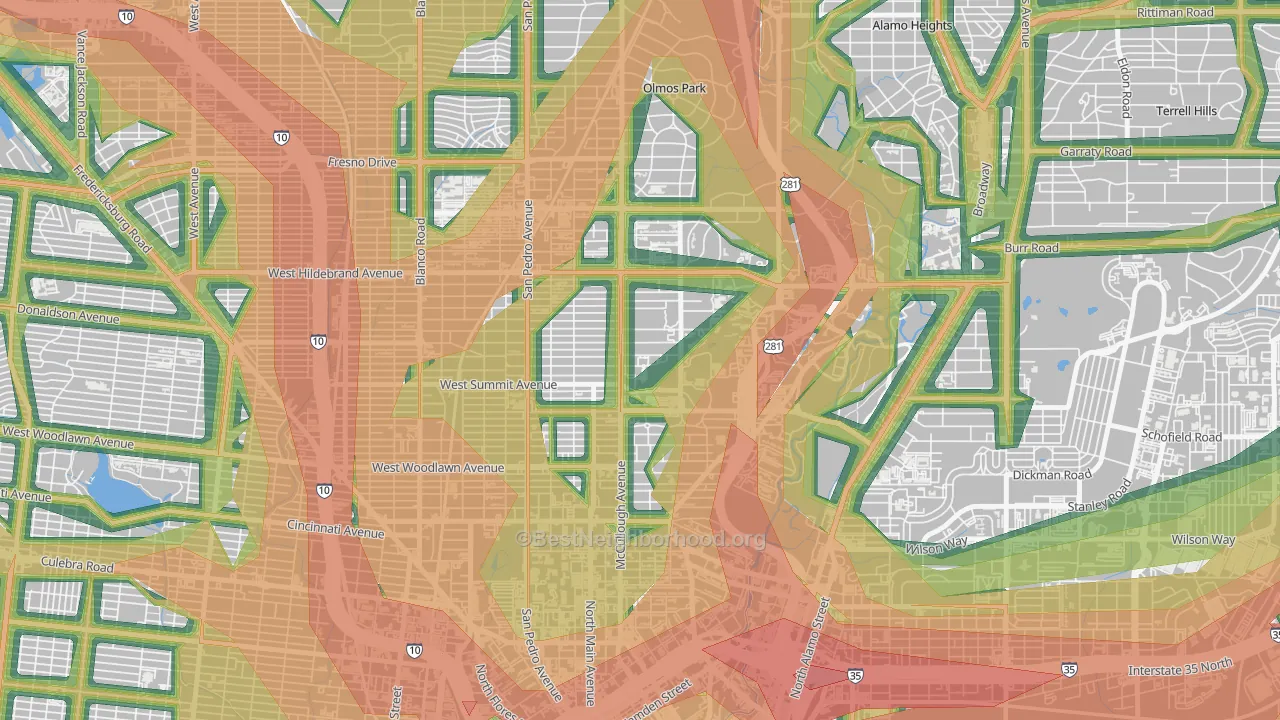 Monte Vista, San Antonio, TX Map of Noise Levels in Monte Vista