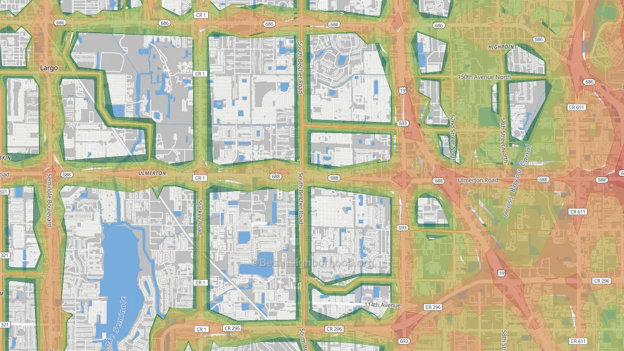 Monterey Lakes, Largo, FL Map of Noise Levels in Monterey Lakes