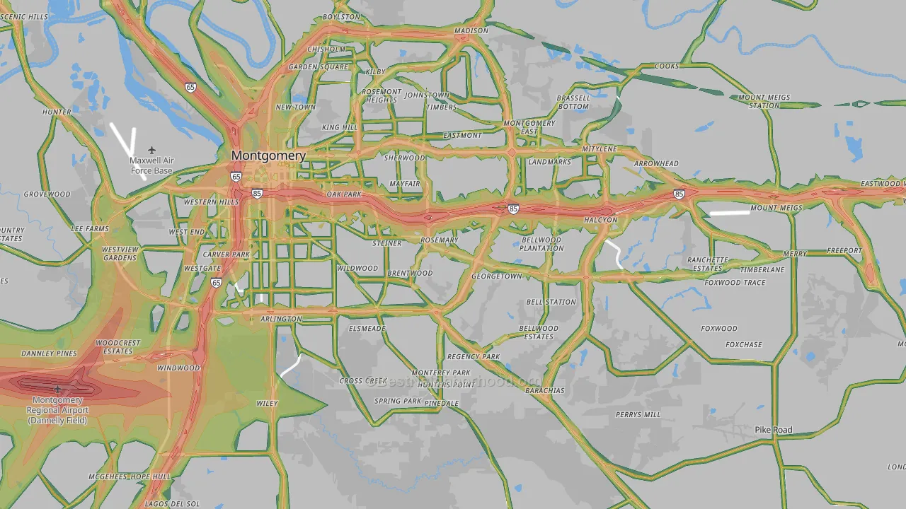 Montgomery County, AL Map of Noise Levels in Montgomery County
