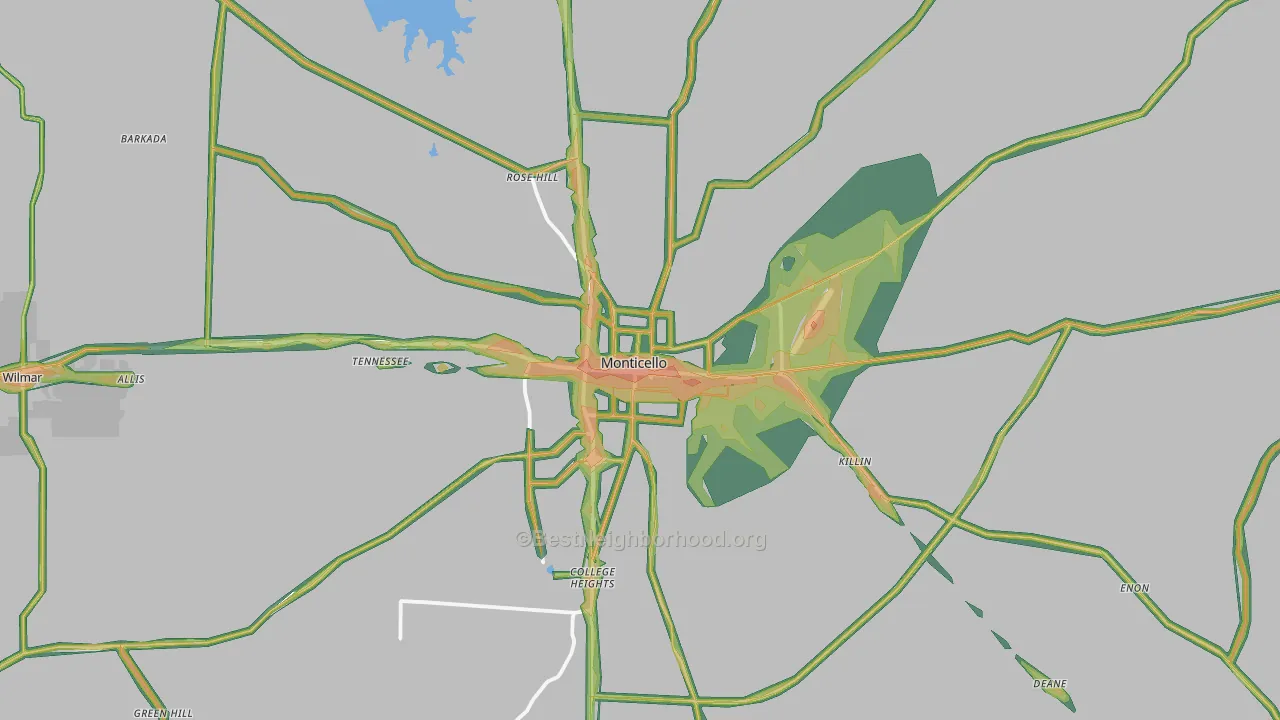 Monticello, AR Map of Noise Levels in Monticello