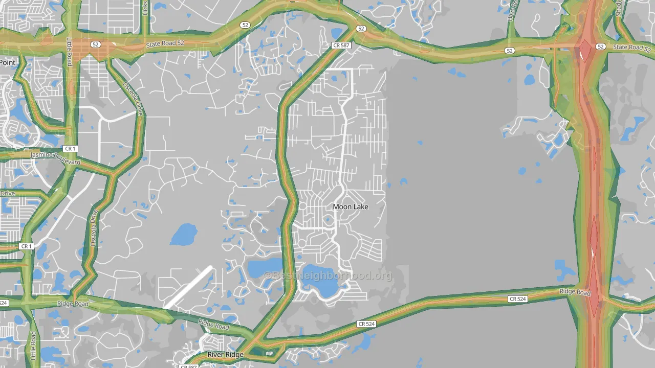 Moon Lake Estates, Moon Lake, FL Map of Noise Levels in Moon Lake Estates