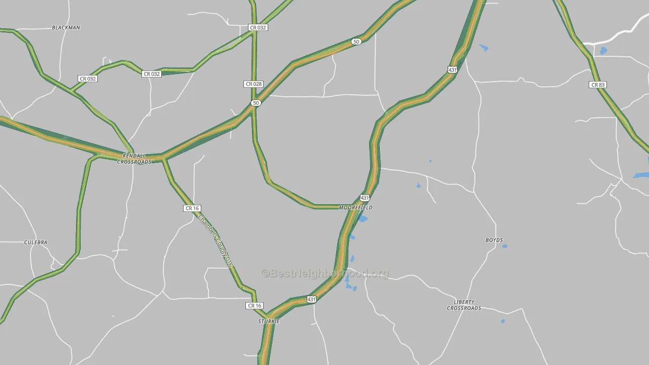 Moorefield, AL Map of Noise Levels in Moorefield