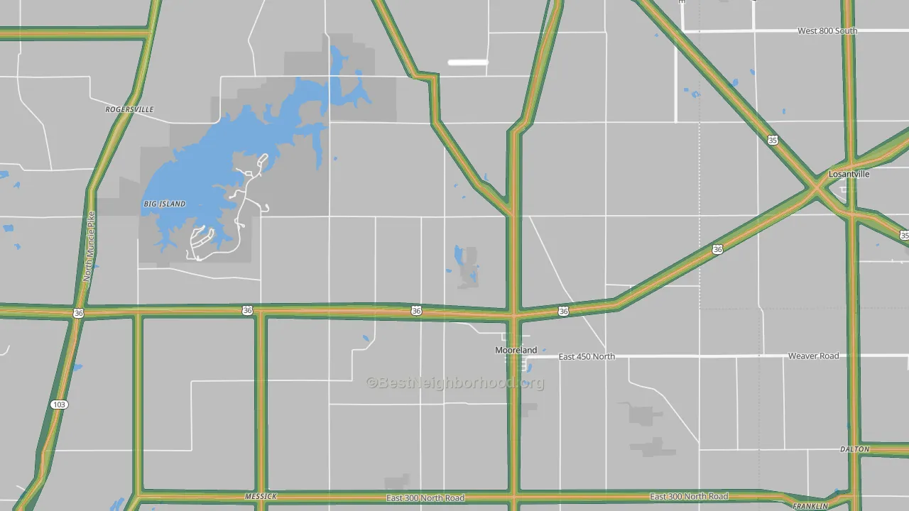Mooreland, IN Map of Noise Levels in Mooreland