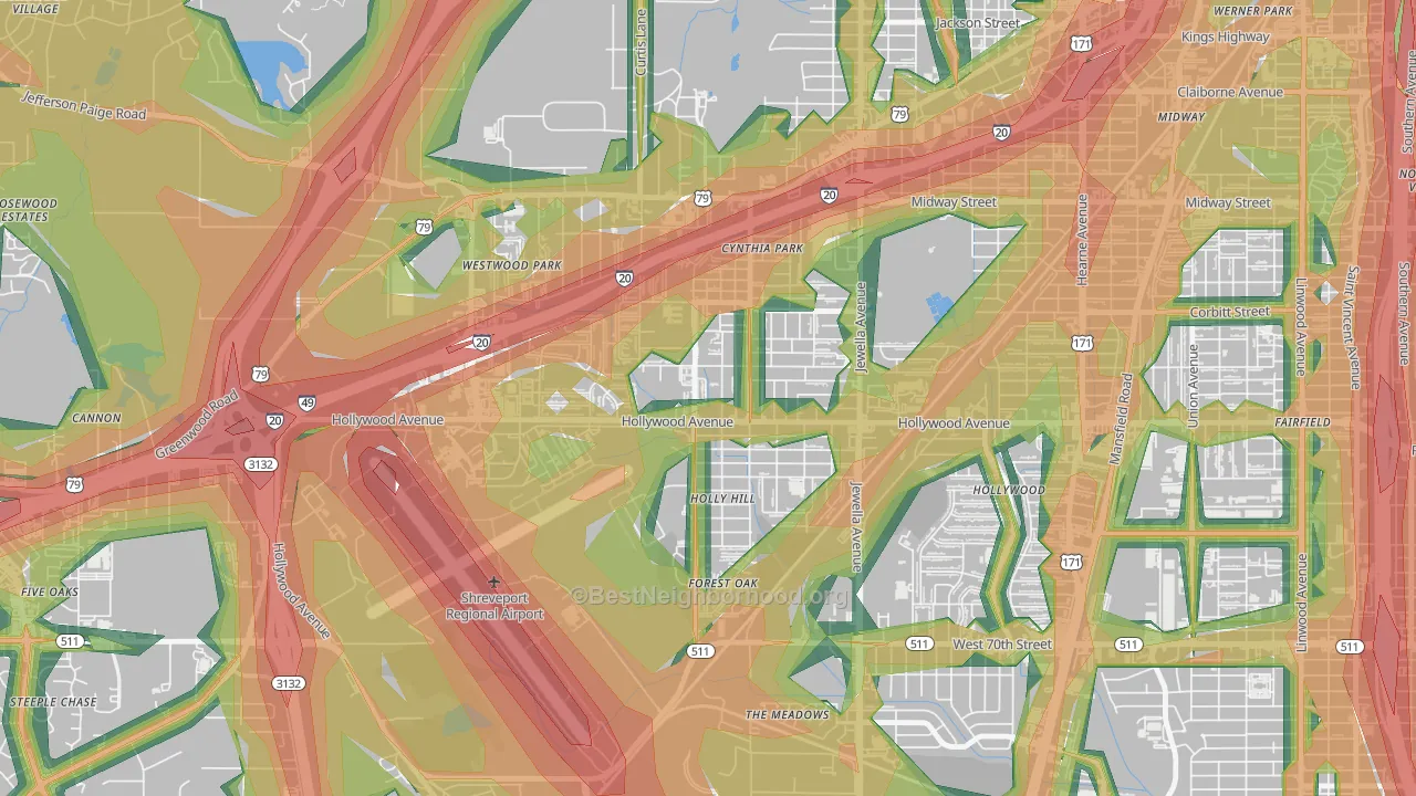 Mooretown and Hollywood Heights, Shreveport, LA Map of Noise Levels in Mooretown and Hollywood Heights