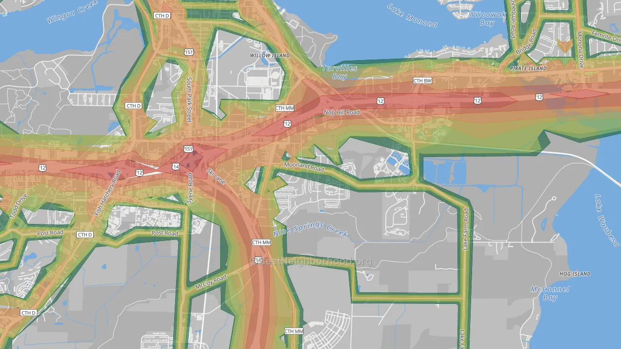 Moorland-Rimrock, Madison, WI Map of Noise Levels in Moorland-Rimrock