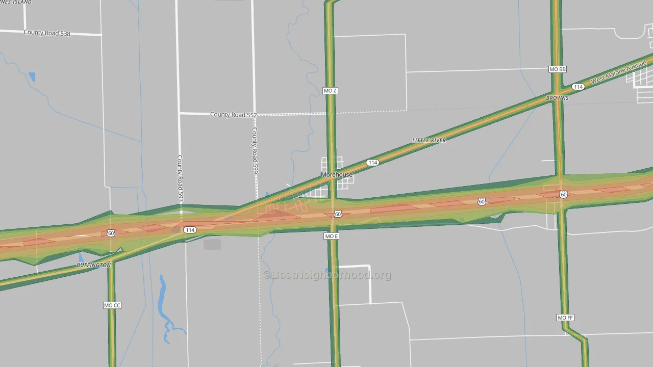 Morehouse, MO Map of Noise Levels in Morehouse