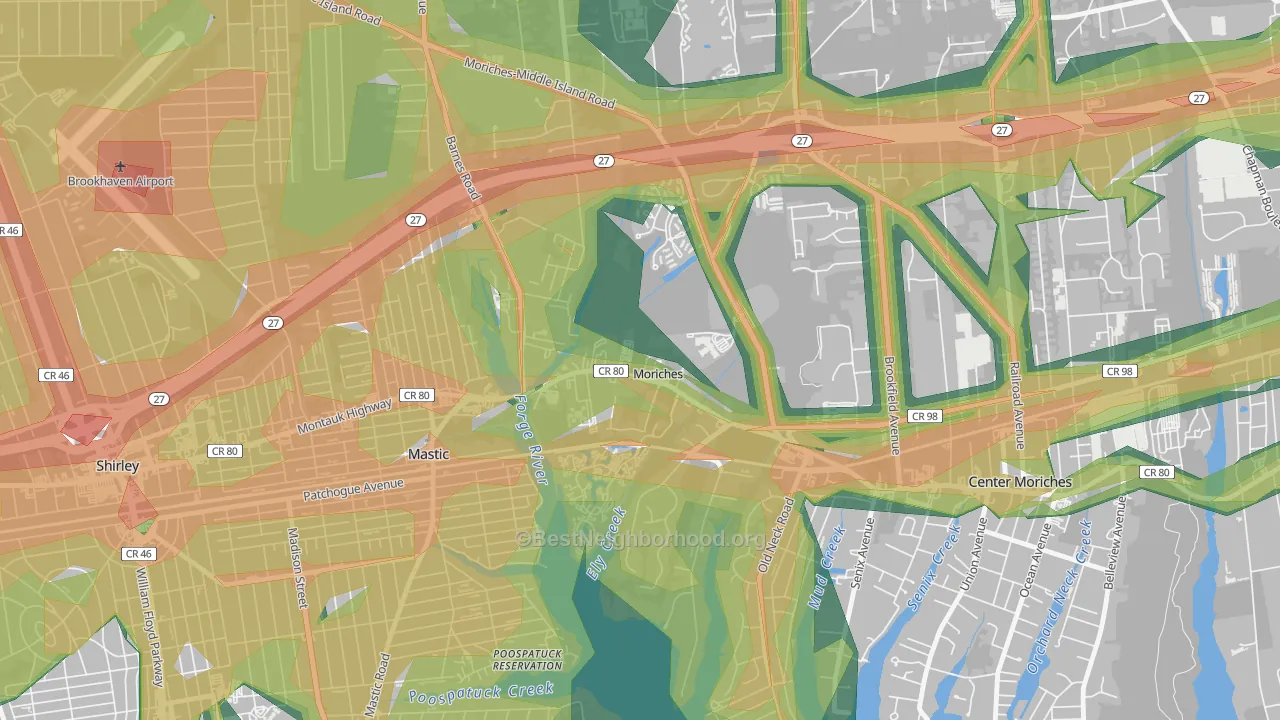 Moriches, NY Map of Noise Levels in Moriches