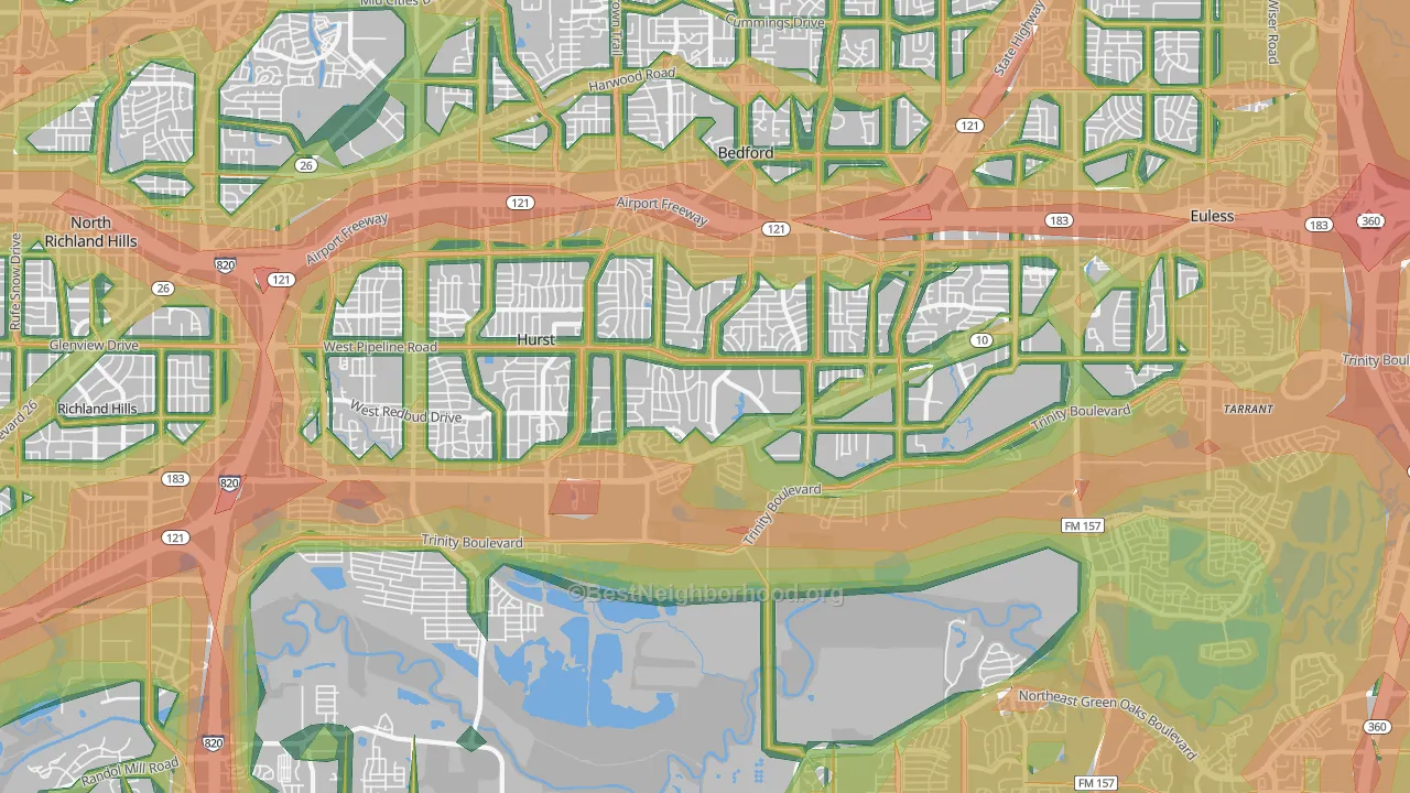 Mosier Valley, Euless, TX Map of Noise Levels in Mosier Valley