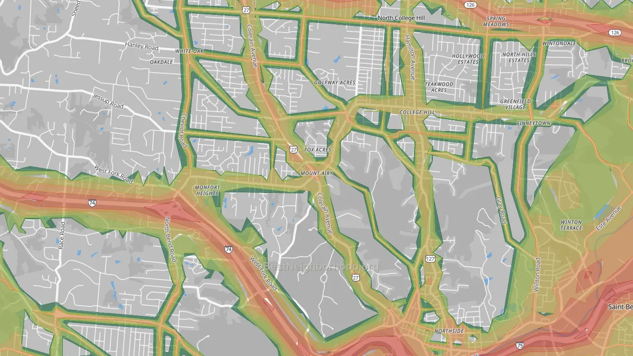 Mount Airy, Cincinnati, OH Map of Noise Levels in Mount Airy