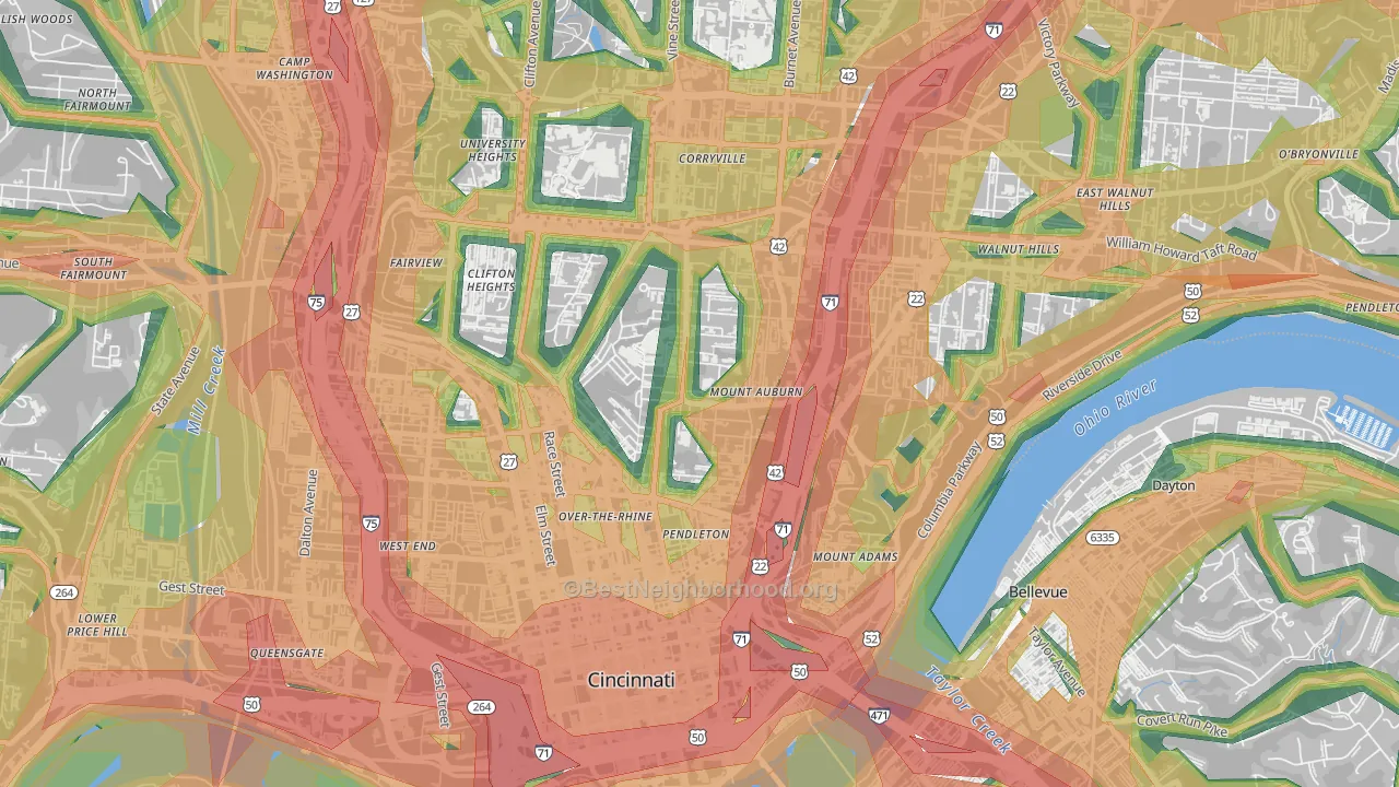 Mount Auburn, Cincinnati, OH Map of Noise Levels in Mount Auburn