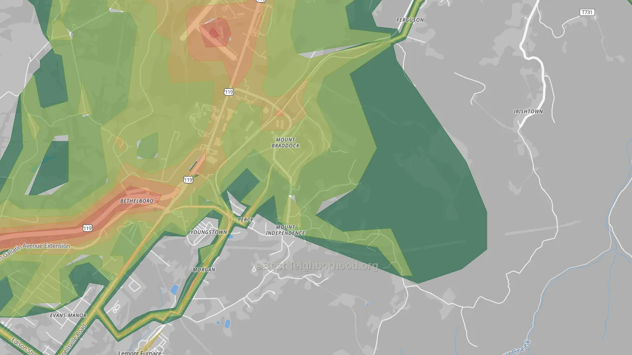 Mount Braddock, PA Map of Noise Levels in Mount Braddock