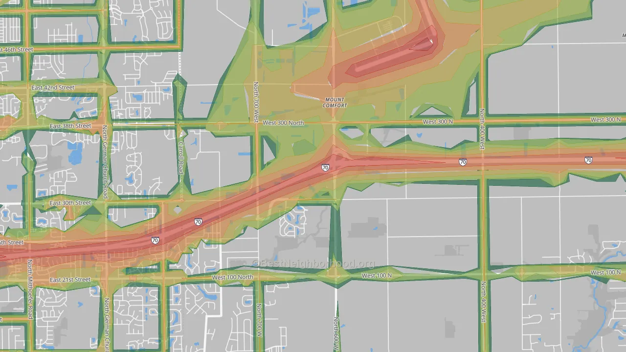 Mount Comfort, IN Map of Noise Levels in Mount Comfort
