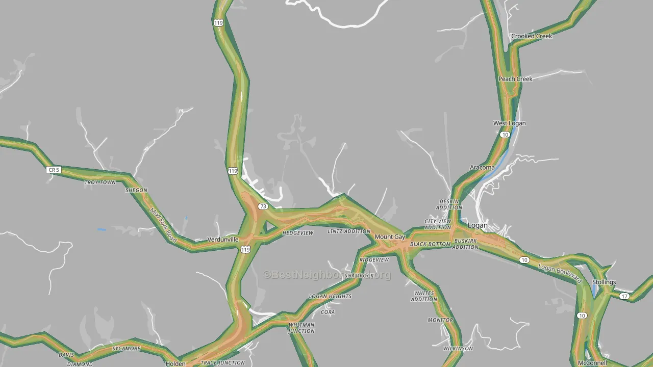 Mount Gay, WV Map of Noise Levels in Mount Gay