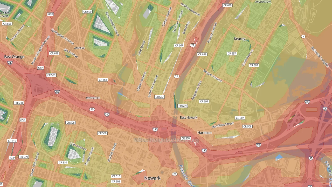 Mount Pleasant-Lower Broadway, Newark, NJ Map of Noise Levels in Mount Pleasant-Lower Broadway