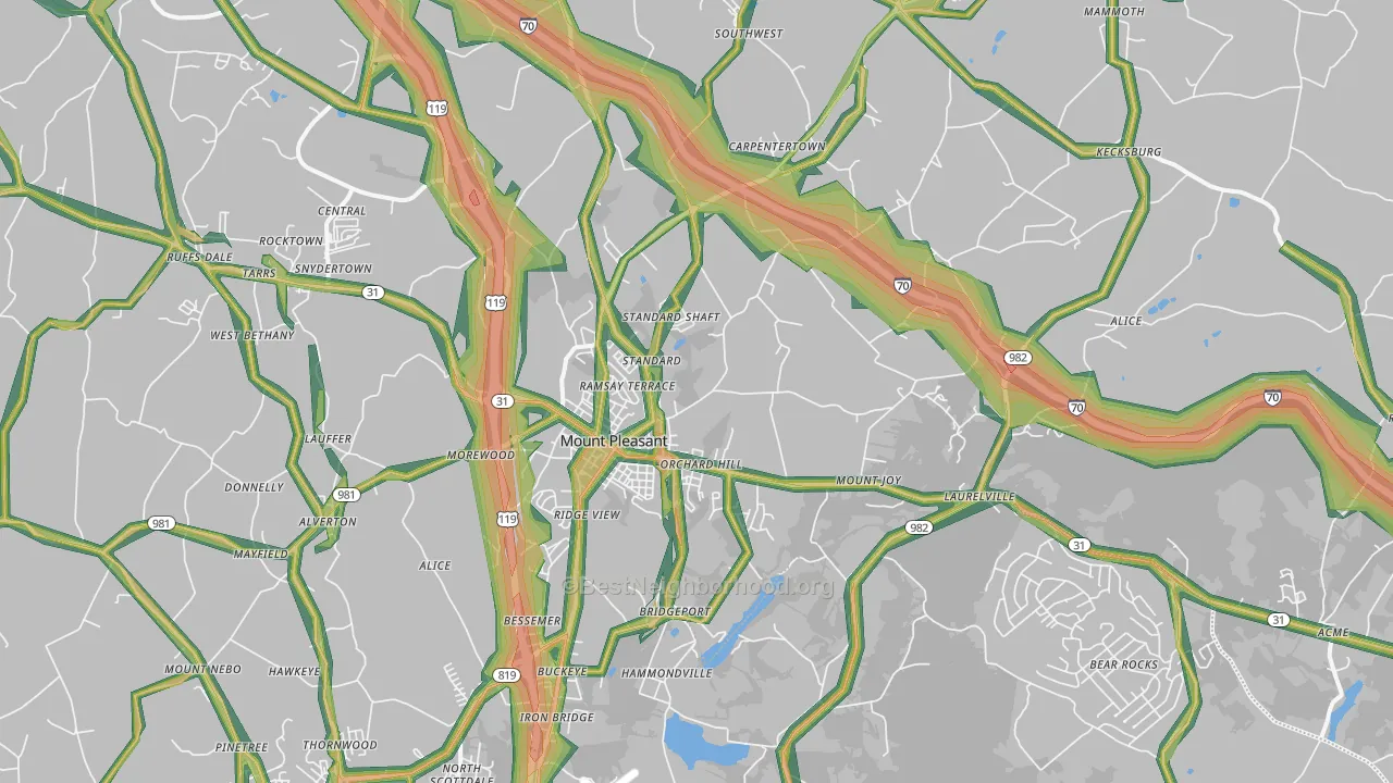 Mount Pleasant, PA Map of Noise Levels in Mount Pleasant
