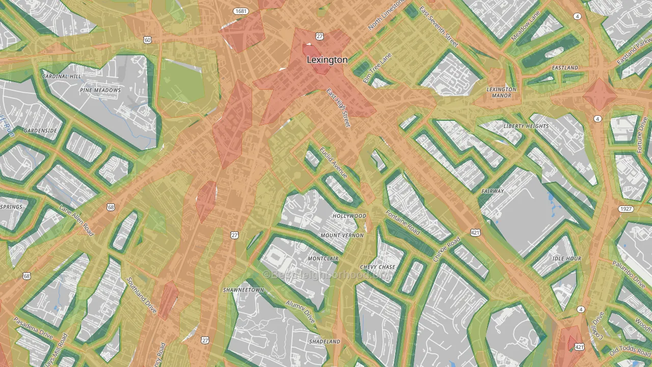 Mount Vernon-Hollywood-Montclair, Lexington, KY Map of Noise Levels in Mount Vernon-Hollywood-Montclair