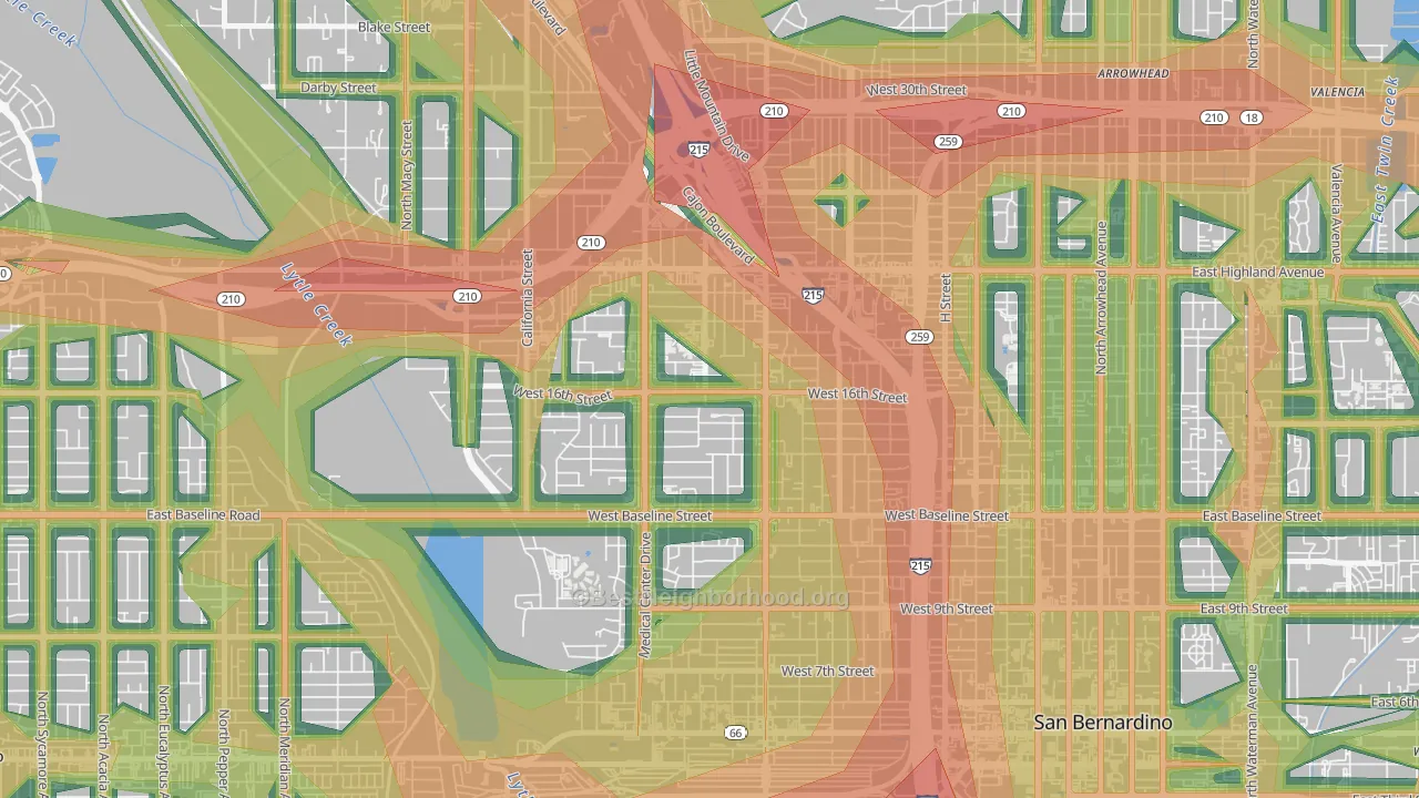 Mount Vernon, San Bernardino, CA Map of Noise Levels in Mount Vernon