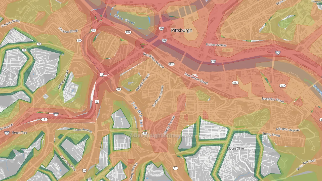 Mount Washington, Pittsburgh, PA Map of Noise Levels in Mount Washington