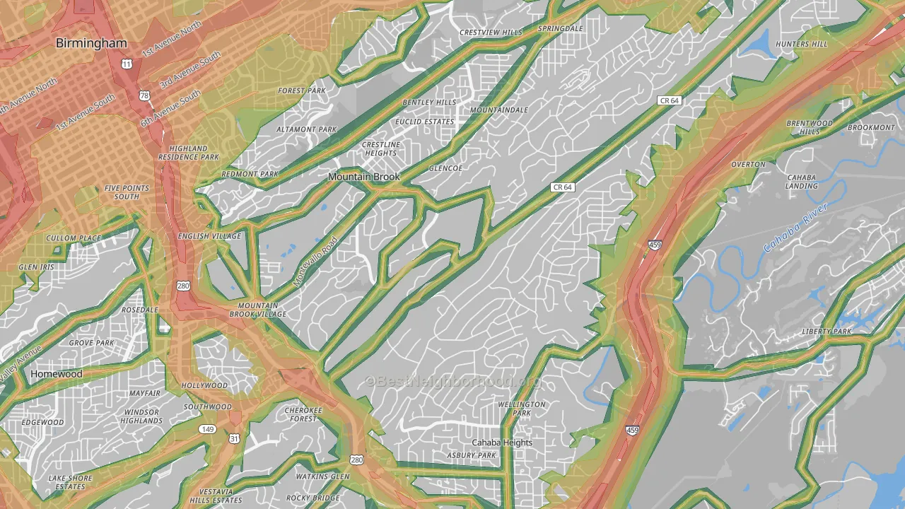 Mountain Brook, AL Map of Noise Levels in Mountain Brook
