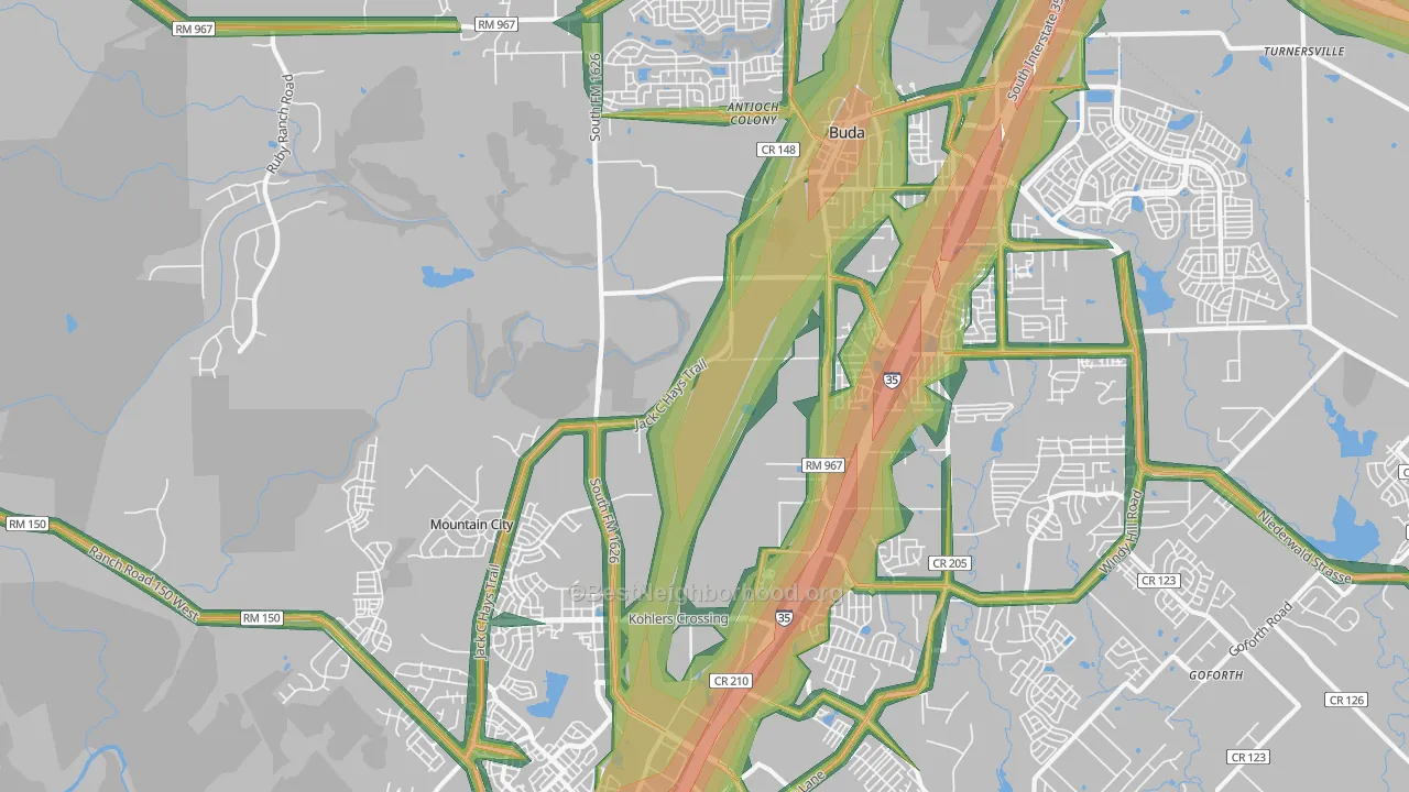 Mountain City, TX Map of Noise Levels in Mountain City