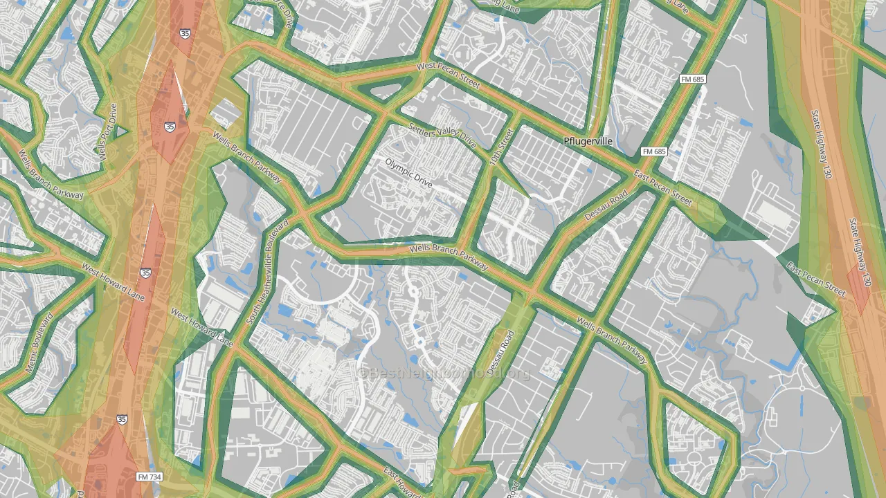 Mountain Creek, Pflugerville, TX Map of Noise Levels in Mountain Creek