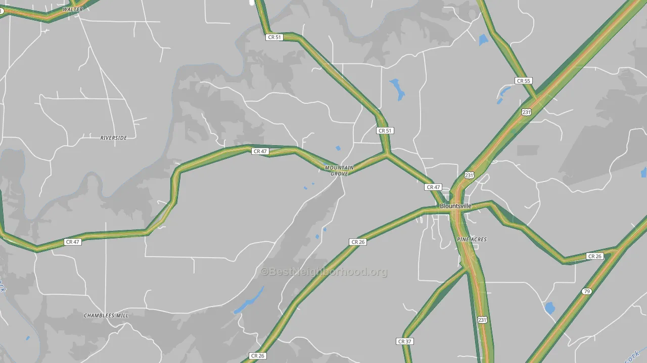Mountain Grove, AL Map of Noise Levels in Mountain Grove