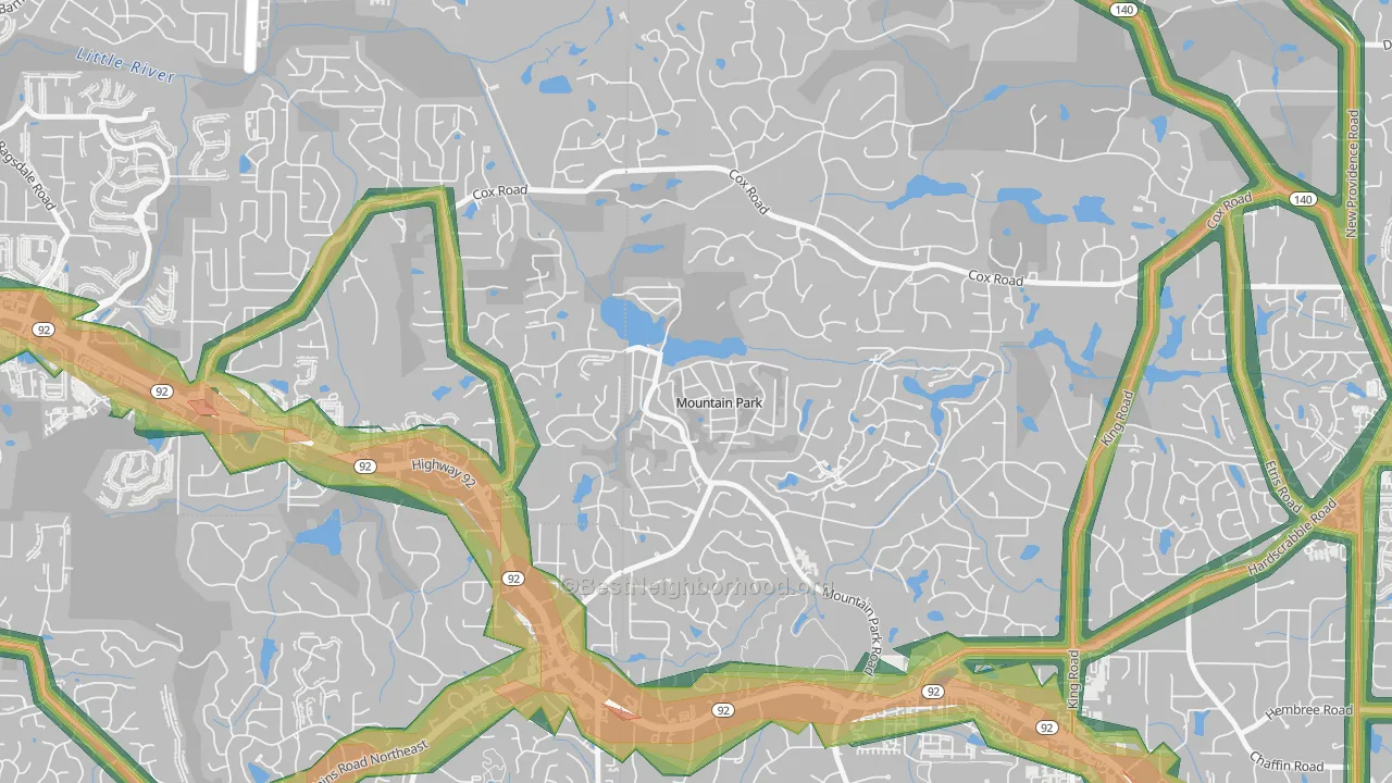 Mountain Park, GA Map of Noise Levels in Mountain Park