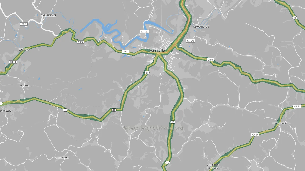 Mountain, WV Map of Noise Levels in Mountain
