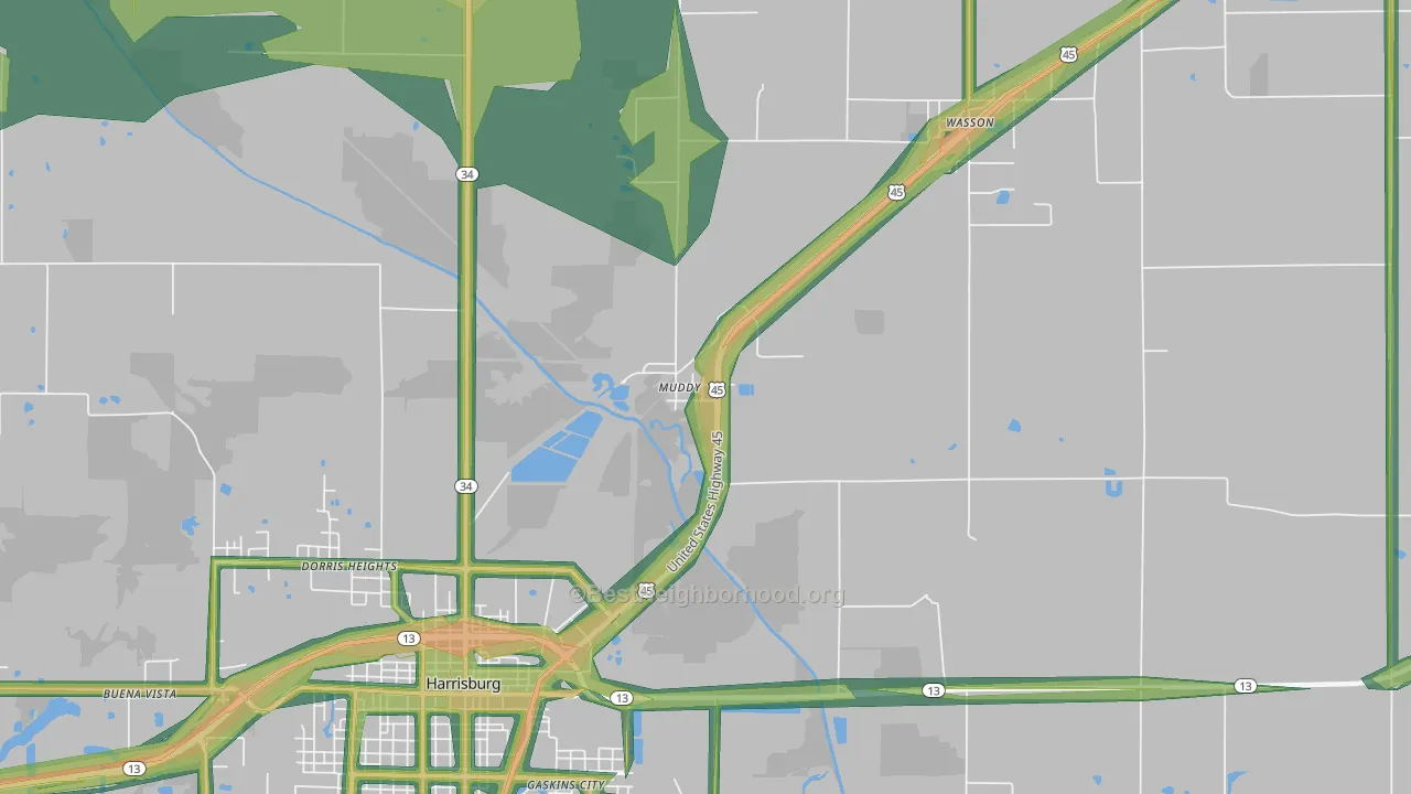 Muddy, IL Map of Noise Levels in Muddy