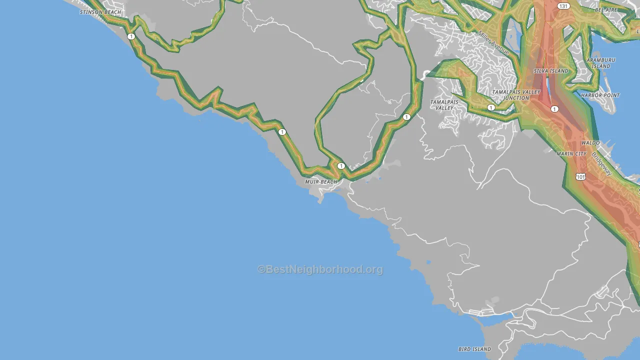 Muir Beach, CA Map of Noise Levels in Muir Beach