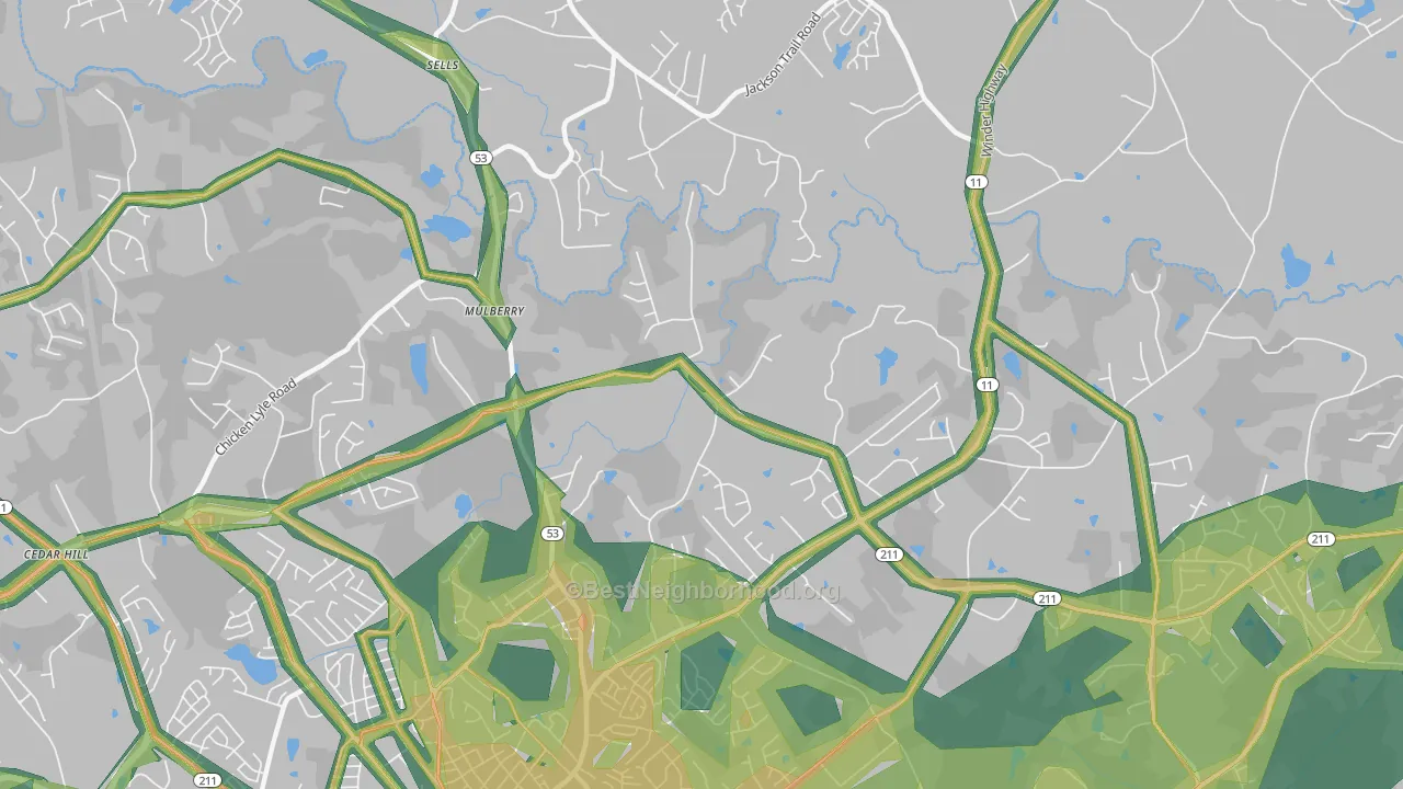 Mulberry, GA Map of Noise Levels in Mulberry
